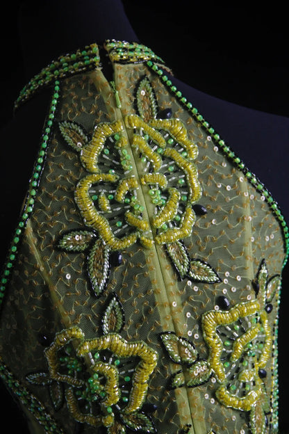 Vintage-Abendkleider im Stil der 90er Jahre, formell, A-Linie, hochgeschlossen, grüner Chiffon mit Perlenstickerei, lange Partykleider, Ballkleider AS018