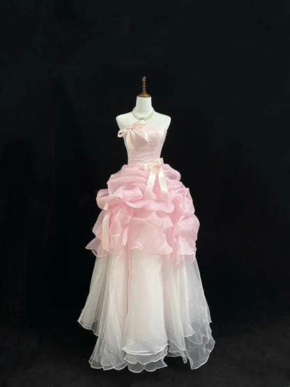 Fairytale Prom Dresses Ball Gown Strapless Pink With Bow Organza Evening Long Formal Dress RB7392