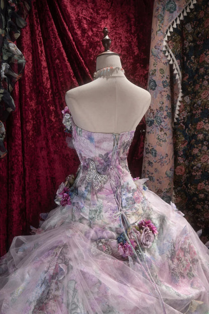 Princesses Fairytale Ball Gown Strapless Lilac Floral Tulle With 3D Flowers Long Quince Dress Quinceanera Dresses Formal Birthday Outfits RB8043