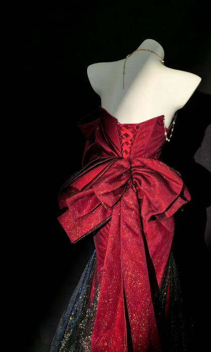 Einzigartiges Meerjungfrauen-Abendkleid aus burgunderrotem Satin mit schwarzem Tüll-Oberteil für Damen, langes Ballkleid, 20. Geburtstagskleid AS018