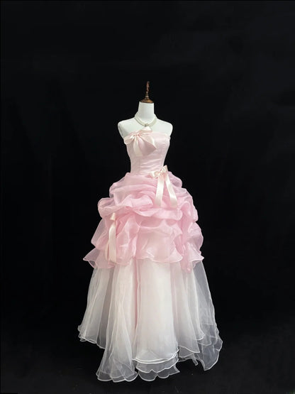 Fairytale Prom Dresses Ball Gown Strapless Pink With Bow Organza Evening Long Formal Dress RB7392