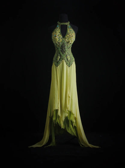 Vintage-Abendkleider im Stil der 90er Jahre, formell, A-Linie, hochgeschlossen, grüner Chiffon mit Perlenstickerei, lange Partykleider, Ballkleider AS018