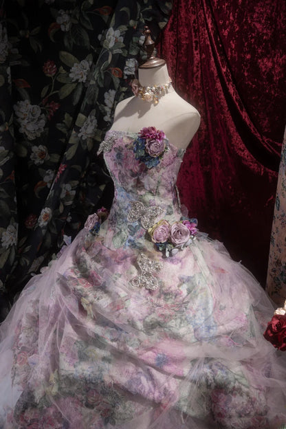 Princesses Fairytale Ball Gown Strapless Lilac Floral Tulle With 3D Flowers Long Quince Dress Quinceanera Dresses Formal Birthday Outfits RB8043
