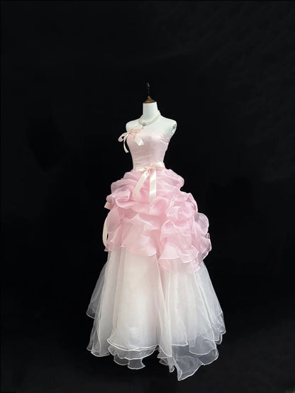 Fairytale Prom Dresses Ball Gown Strapless Pink With Bow Organza Evening Long Formal Dress RB7392
