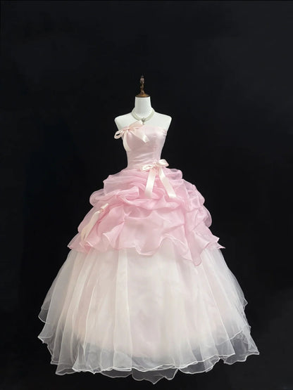 Fairytale Prom Dresses Ball Gown Strapless Pink With Bow Organza Evening Long Formal Dress RB7392