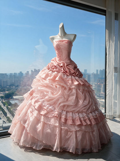 Fairytale Quinceanera Dress Ball Gown Strapless Pink Oragnza With Tiered Layers 15th Birthday Party Outfit RC0979