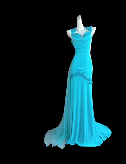 Robe de bal longue bleue sirène dos nu sans manches, style modeste, pour les élèves de terminale (AS019)