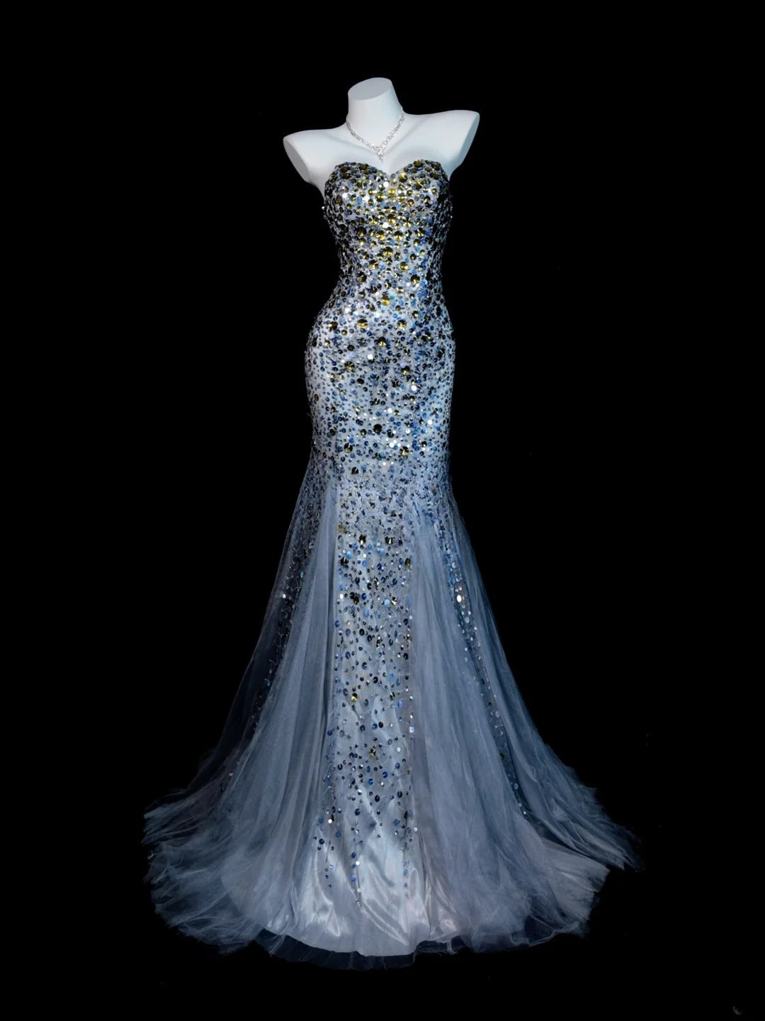 Gray Prom Dress Mermaid Sweetheart Tulle With Gold Beading Modest Floor Length Formal Party Gown RB9824
