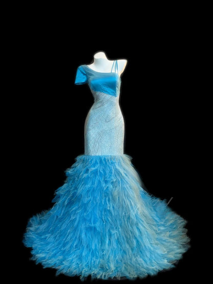 Bescheidene Abschlussballkleider Meerjungfrau Blau mit Rüschen Tüll Lange Abendgarderobe Formelle Outfits RB3361
