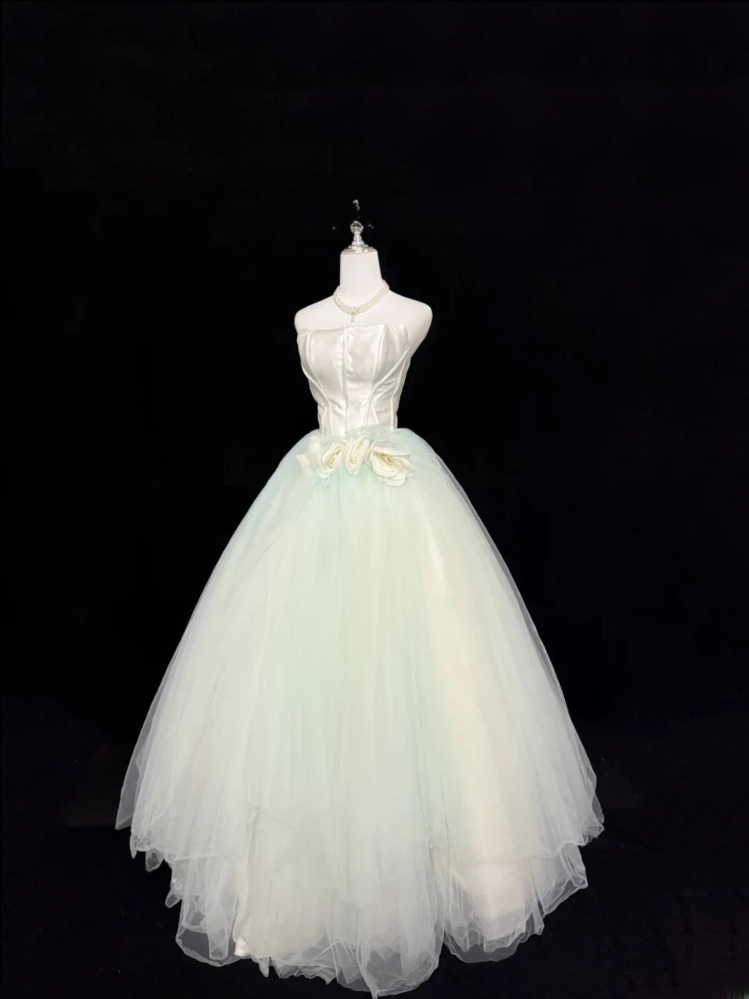 Fairytale Prom Dresses Ball Gown Strapless Mint Green Tulle With Flowers Evening Long Formal Dress RB7393