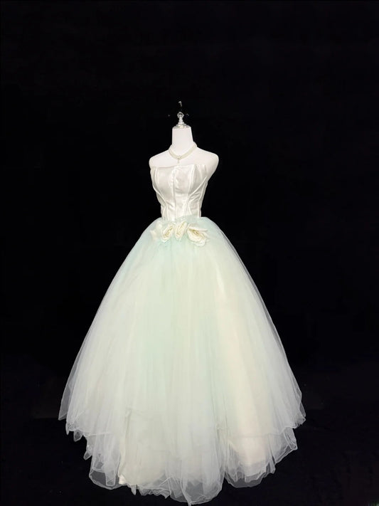 Fairytale Prom Dresses Ball Gown Strapless Mint Green Tulle With Flowers Evening Long Formal Dress RB7393