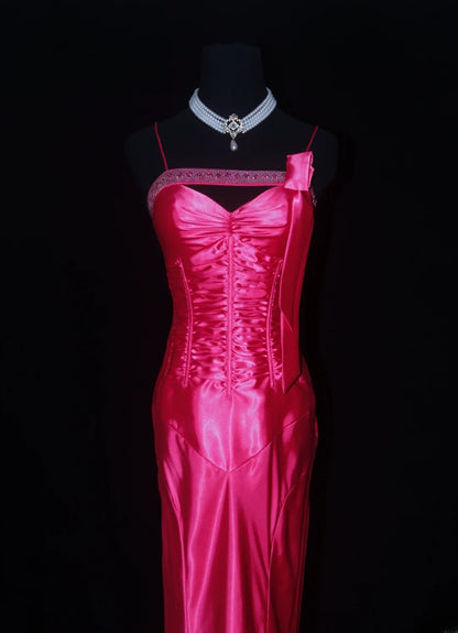 Vintage-Abendkleider im 90er-Jahre-Stil, Meerjungfrauen-Schnitt, Spaghettiträger, pinkfarbener Satin mit Perlenstickerei, lange Partykleider, Ballkleider AS019