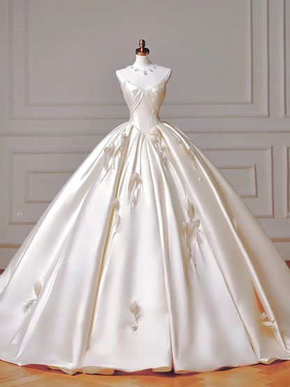 Prinzessinnen-Brautkleid, langes Ballkleid mit Herzausschnitt, plissiert, Satin, abnehmbare Ärmel, weißes Brautkleid AQ019