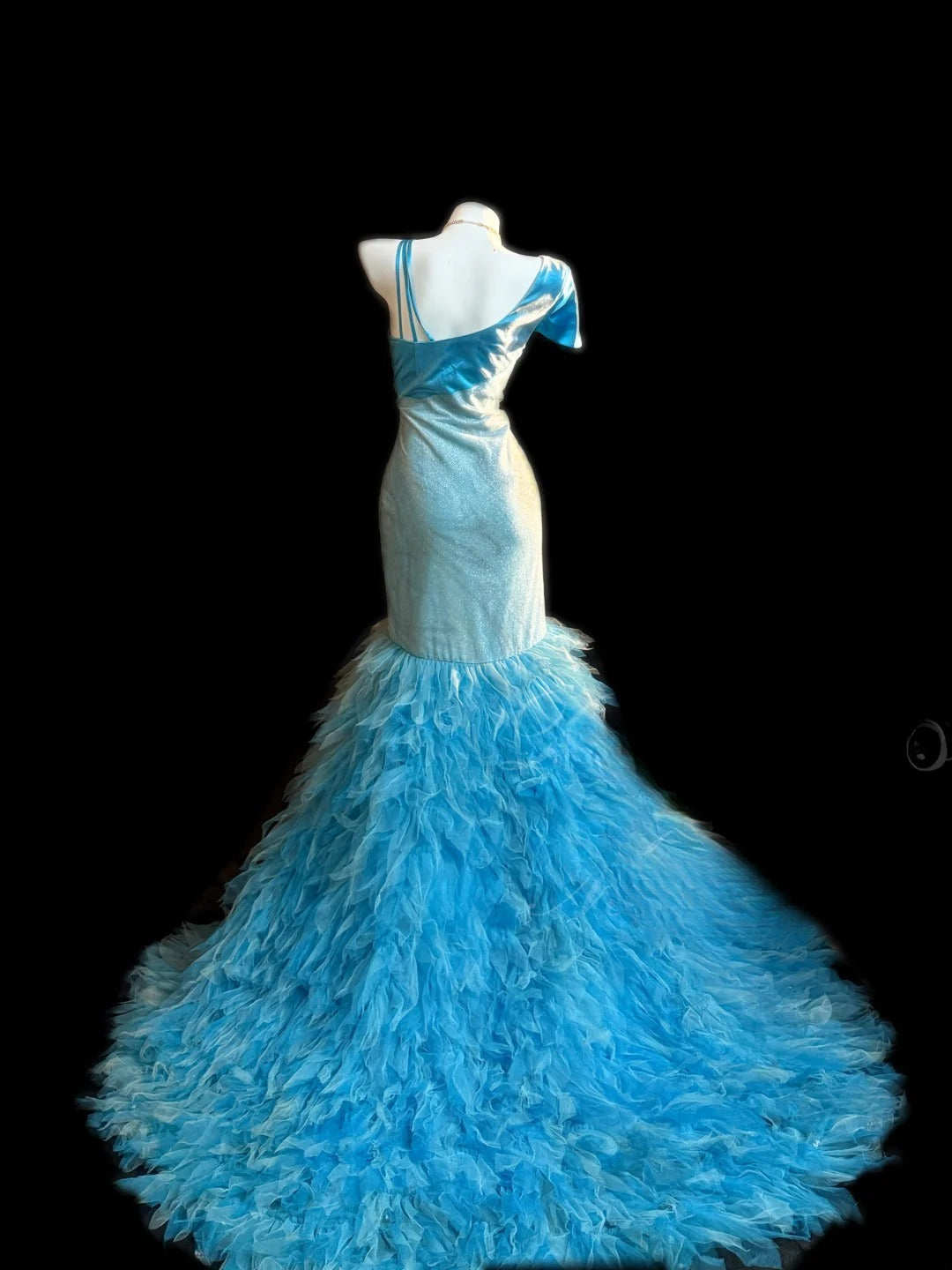 Bescheidene Abschlussballkleider Meerjungfrau Blau mit Rüschen Tüll Lange Abendgarderobe Formelle Outfits RB3361