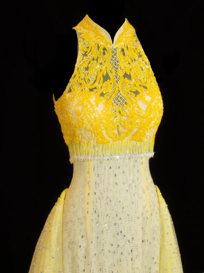 Robe de bal élégante et sobre, coupe sirène, col montant, dentelle jaune et traîne. Robe longue en mousseline de soie, idéale pour les soirées formelles (SA019).