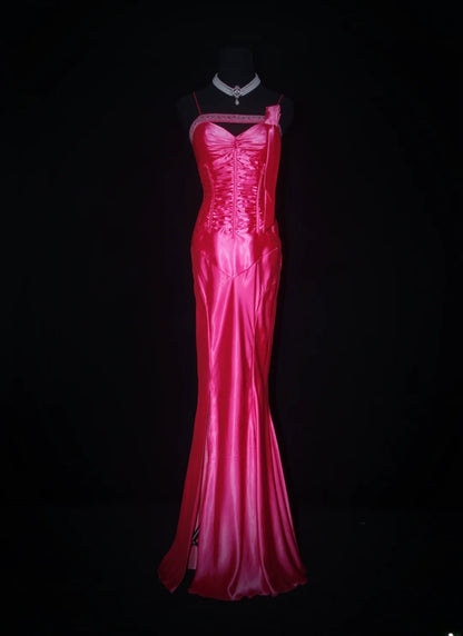 Vintage-Abendkleider im 90er-Jahre-Stil, Meerjungfrauen-Schnitt, Spaghettiträger, pinkfarbener Satin mit Perlenstickerei, lange Partykleider, Ballkleider AS019
