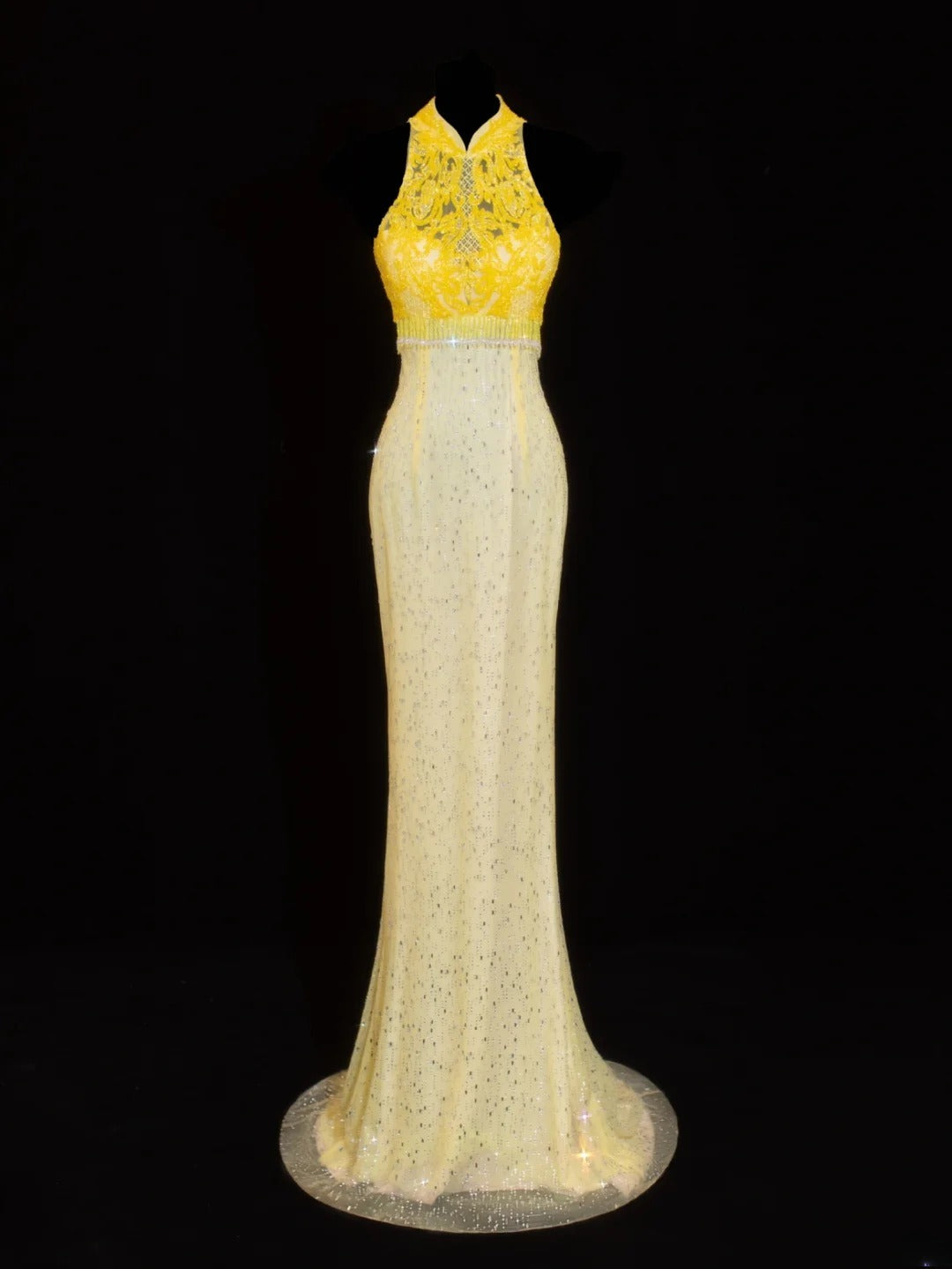 Robe de bal élégante et sobre, coupe sirène, col montant, dentelle jaune et traîne. Robe longue en mousseline de soie, idéale pour les soirées formelles (SA019).