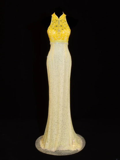 Robe de bal élégante et sobre, coupe sirène, col montant, dentelle jaune et traîne. Robe longue en mousseline de soie, idéale pour les soirées formelles (SA019).