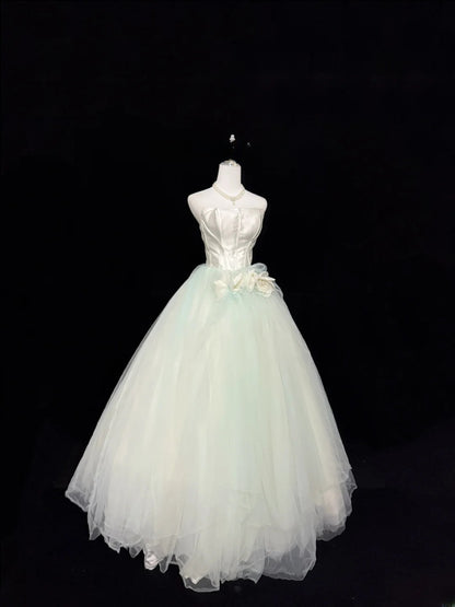 Fairytale Prom Dresses Ball Gown Strapless Mint Green Tulle With Flowers Evening Long Formal Dress RB7393