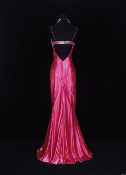 Vintage-Abendkleider im 90er-Jahre-Stil, Meerjungfrauen-Schnitt, Spaghettiträger, pinkfarbener Satin mit Perlenstickerei, lange Partykleider, Ballkleider AS019