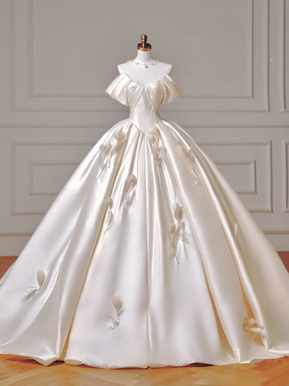 Prinzessinnen-Brautkleid, langes Ballkleid mit Herzausschnitt, plissiert, Satin, abnehmbare Ärmel, weißes Brautkleid AQ019