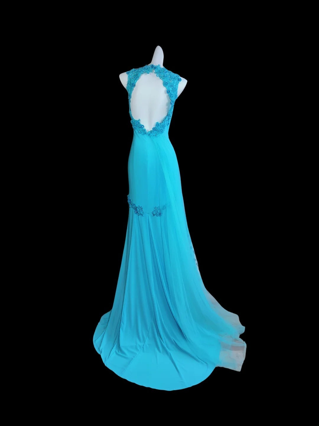 Robe de bal longue bleue sirène dos nu sans manches, style modeste, pour les élèves de terminale (AS019)