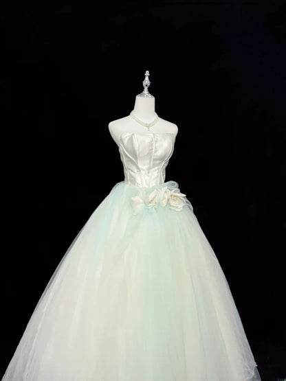 Fairytale Prom Dresses Ball Gown Strapless Mint Green Tulle With Flowers Evening Long Formal Dress RB7393
