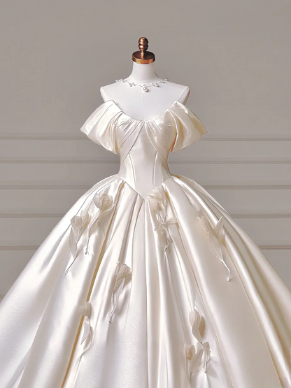 Prinzessinnen-Brautkleid, langes Ballkleid mit Herzausschnitt, plissiert, Satin, abnehmbare Ärmel, weißes Brautkleid AQ019