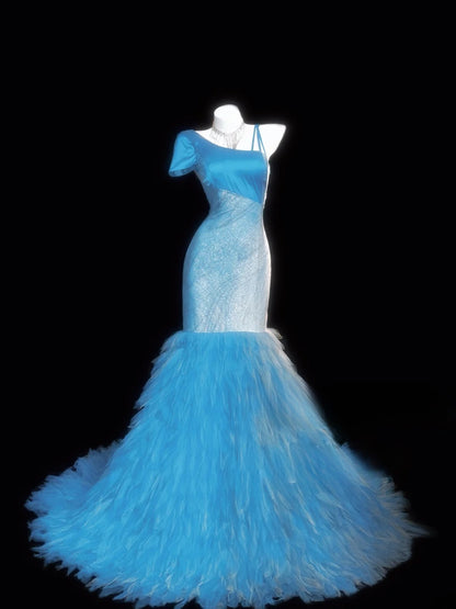 Bescheidene Abschlussballkleider Meerjungfrau Blau mit Rüschen Tüll Lange Abendgarderobe Formelle Outfits RB3361