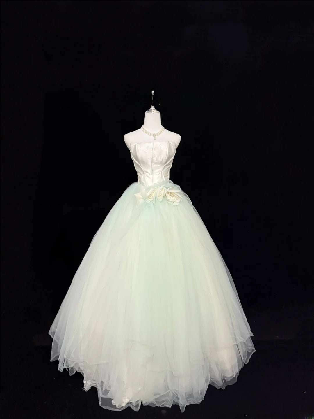 Fairytale Prom Dresses Ball Gown Strapless Mint Green Tulle With Flowers Evening Long Formal Dress RB7393