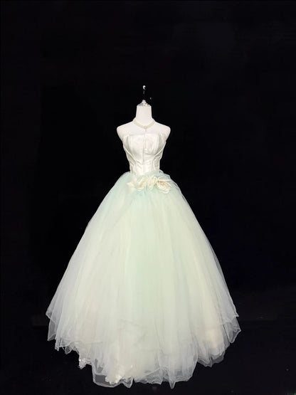 Fairytale Prom Dresses Ball Gown Strapless Mint Green Tulle With Flowers Evening Long Formal Dress RB7393