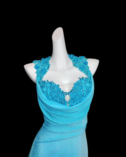 Robe de bal longue bleue sirène dos nu sans manches, style modeste, pour les élèves de terminale (AS019)