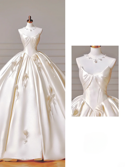 Prinzessinnen-Brautkleid, langes Ballkleid mit Herzausschnitt, plissiert, Satin, abnehmbare Ärmel, weißes Brautkleid AQ019