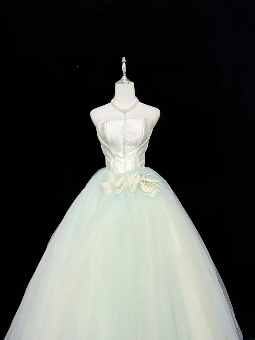 Fairytale Prom Dresses Ball Gown Strapless Mint Green Tulle With Flowers Evening Long Formal Dress RB7393