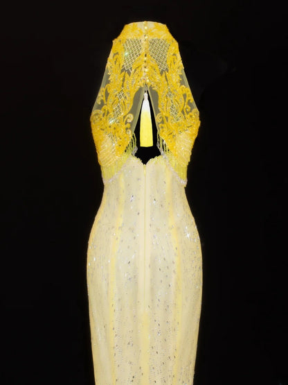 Robe de bal élégante et sobre, coupe sirène, col montant, dentelle jaune et traîne. Robe longue en mousseline de soie, idéale pour les soirées formelles (SA019).