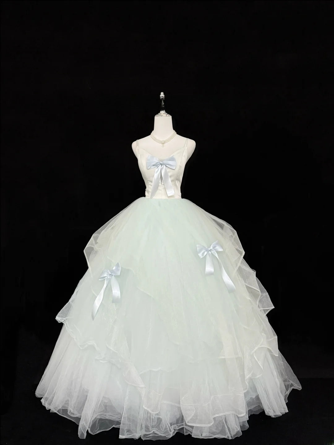 Fairytale Prom Dresses Ball Gown Spaghetti Strap Mint Green Tulle With Bow Evening Long Formal Dress RB7394