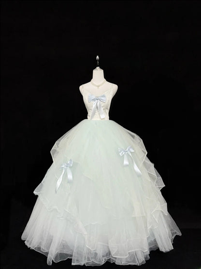 Fairytale Prom Dresses Ball Gown Spaghetti Strap Mint Green Tulle With Bow Evening Long Formal Dress RB7394