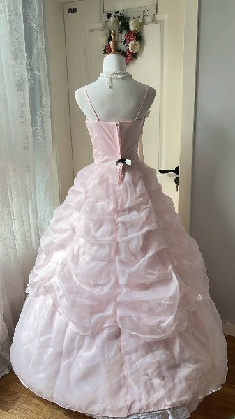 Quinceañera-Ballkleid für den 15. Geburtstag, Spaghettiträger, Rosa mit gerafften Falten, langes Festkleid RC0390