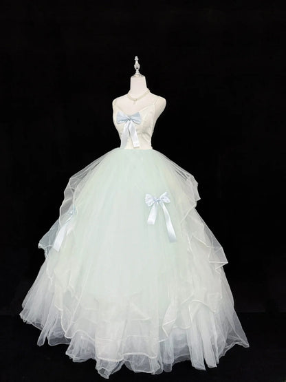 Fairytale Prom Dresses Ball Gown Spaghetti Strap Mint Green Tulle With Bow Evening Long Formal Dress RB7394