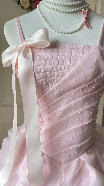 Quinceañera-Ballkleid für den 15. Geburtstag, Spaghettiträger, Rosa mit gerafften Falten, langes Festkleid RC0390