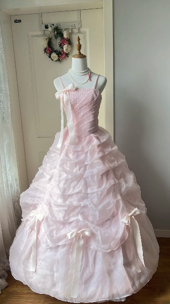 Quinceañera-Ballkleid für den 15. Geburtstag, Spaghettiträger, Rosa mit gerafften Falten, langes Festkleid RC0390