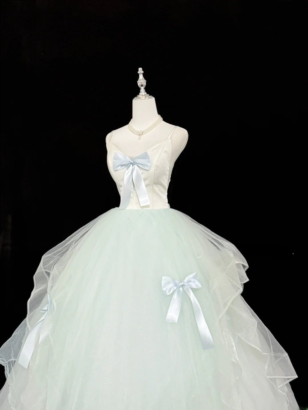 Fairytale Prom Dresses Ball Gown Spaghetti Strap Mint Green Tulle With Bow Evening Long Formal Dress RB7394