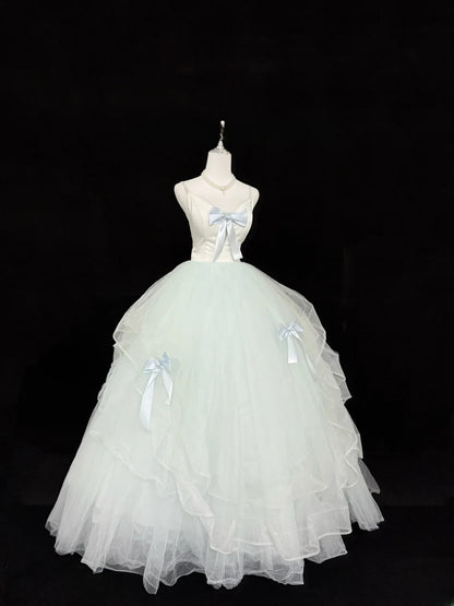 Fairytale Prom Dresses Ball Gown Spaghetti Strap Mint Green Tulle With Bow Evening Long Formal Dress RB7394