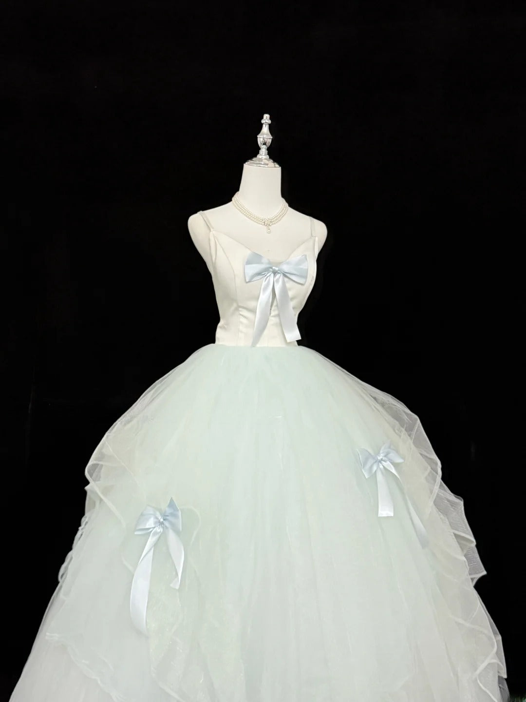 Fairytale Prom Dresses Ball Gown Spaghetti Strap Mint Green Tulle With Bow Evening Long Formal Dress RB7394