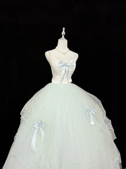 Fairytale Prom Dresses Ball Gown Spaghetti Strap Mint Green Tulle With Bow Evening Long Formal Dress RB7394