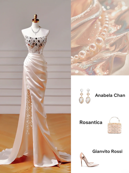 Elegantes, ästhetisches Meerjungfrauen-Kleid aus trägerlosem, rosafarbenem Satin mit plissierten Perlen und Schlitz – ein beeindruckendes, langes Partykleid für Teenager und Gymnasien (AQ020).