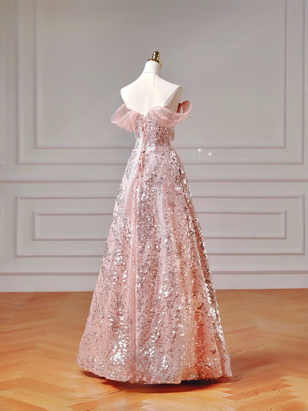 Elegantes Ballkleid, schulterfrei, rosa Pailletten, Korsett, figurbetont, inspirierend, langes, formelles Partykleid für Teenager und Mädchen (AQ021)
