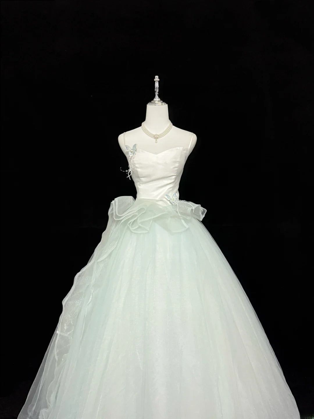 Fairytale Prom Dresses Ball Gown Spaghetti Strap Mint Green Tulle With Ruffles Evening Long Formal Dress RB7395