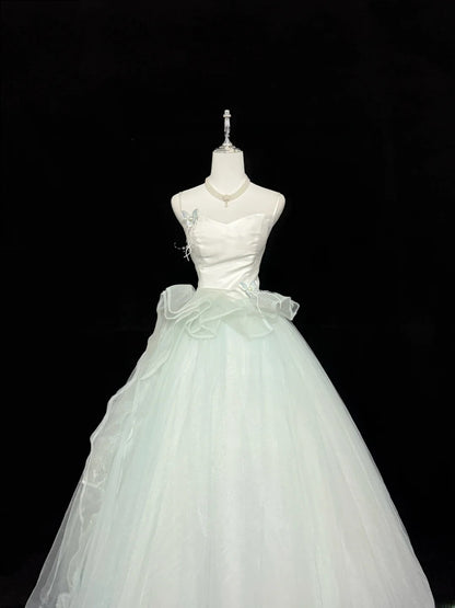 Fairytale Prom Dresses Ball Gown Spaghetti Strap Mint Green Tulle With Ruffles Evening Long Formal Dress RB7395