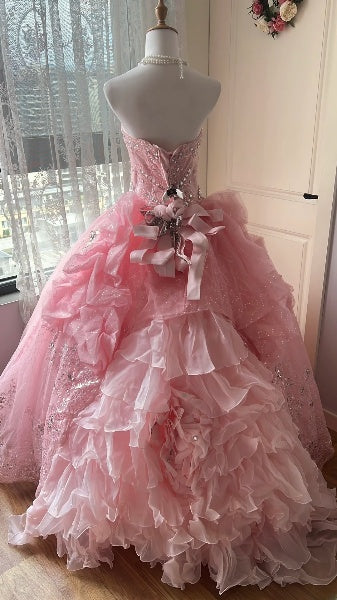 Langes Sweet-16-Kleid in Rosa aus Tüll, bodenlanges Ballkleid mit herzförmigem Ausschnitt für den 16. Geburtstag RC0391